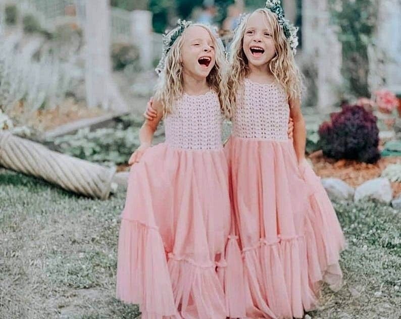 Pink Tea Length Petal Pink Bridesmaid Dresses With 3D Floral Lace