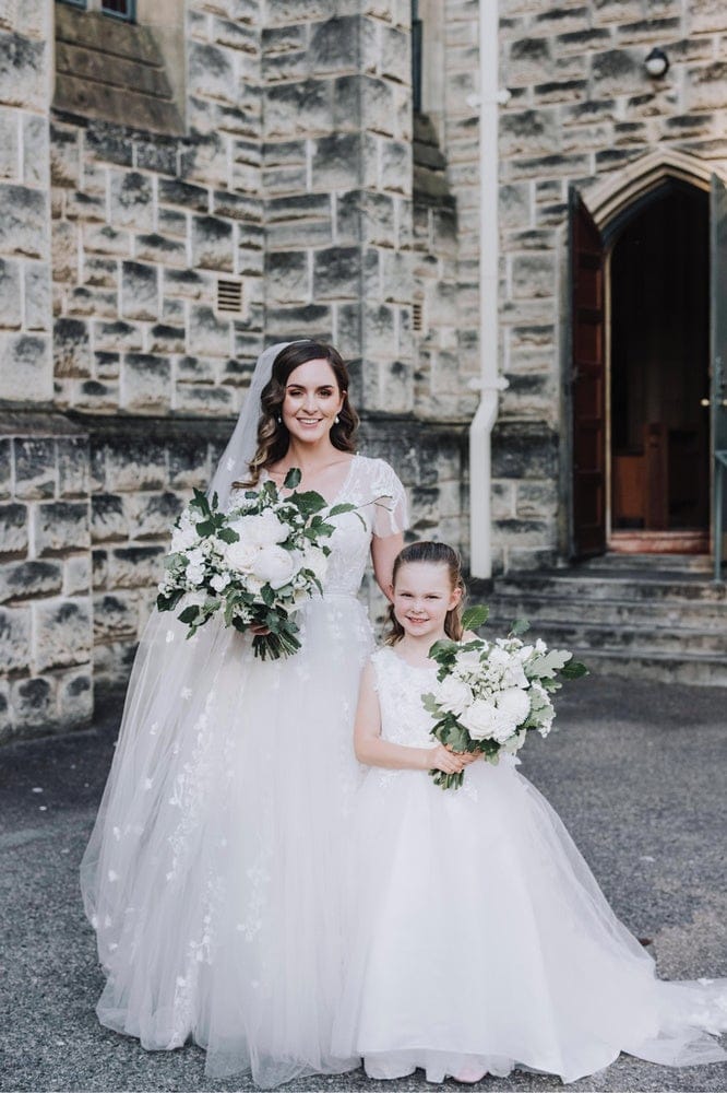 ivory dress white flowers Ivory A-line Satin Tulle 3D Flowers V-neck Wedding Dresses With Slit MW634
