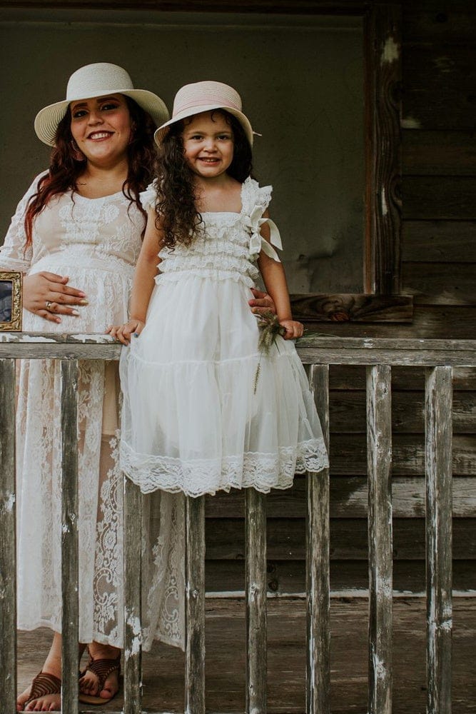 Bohemian flower girl dress, White lace flower girl dress, rustic