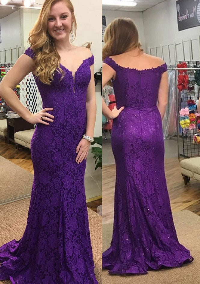 Lace Prom Dress Sheath Off Shoulder Plunging Sleeveless Sweep Train Purple