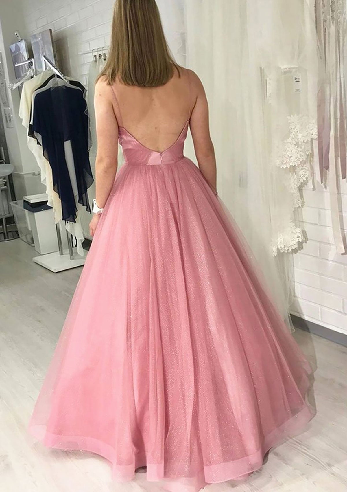 Sparkling Ball Gown Criss-cross Backless Floor-Length Tulle Prom Dress