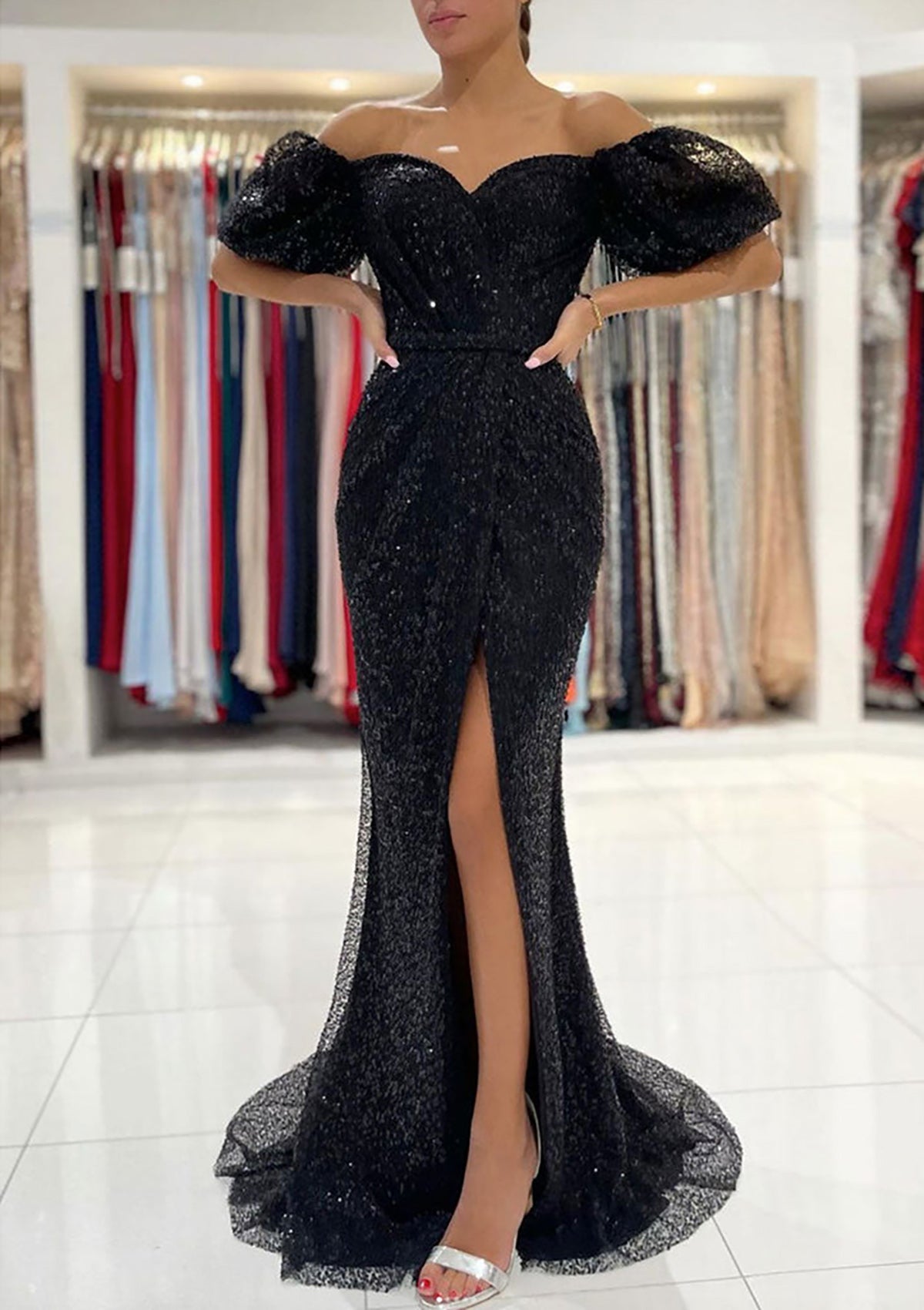 Mermaid Prom Dress Off Shoulder Sweetheart Sweep Train Metallic Yarn Sequins