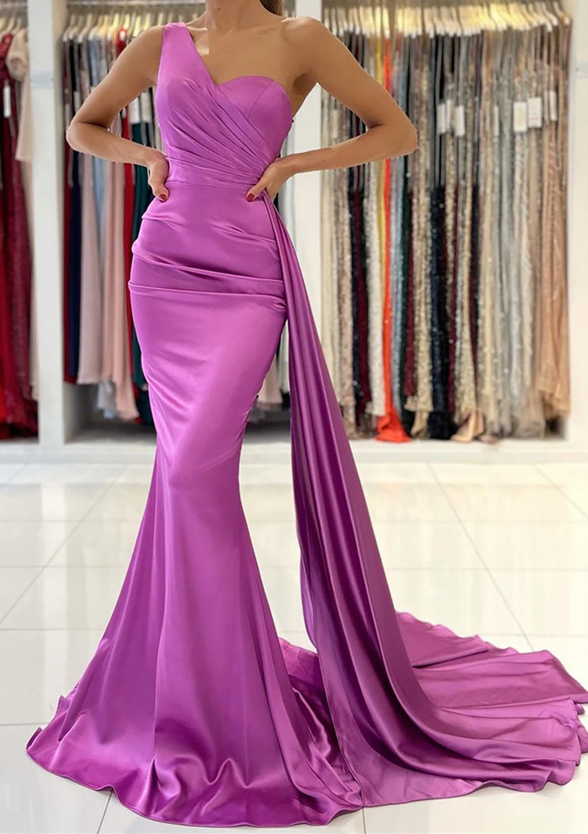 Trumpet Prom Dress One-Shoulder Sleeveless Sweep Train Satin Long, Draping