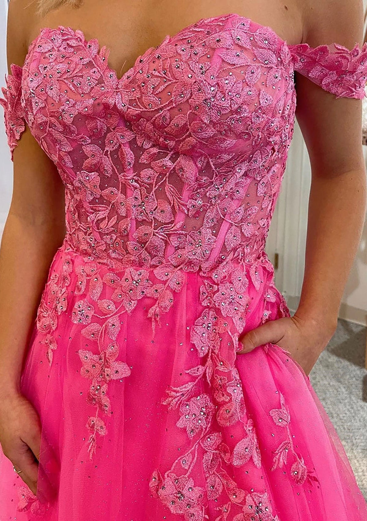 Vestido de Fiesta Corte A Escote Bardot sin Mangas Cola de Corte Encaje Tul, Bolsillos Abertura