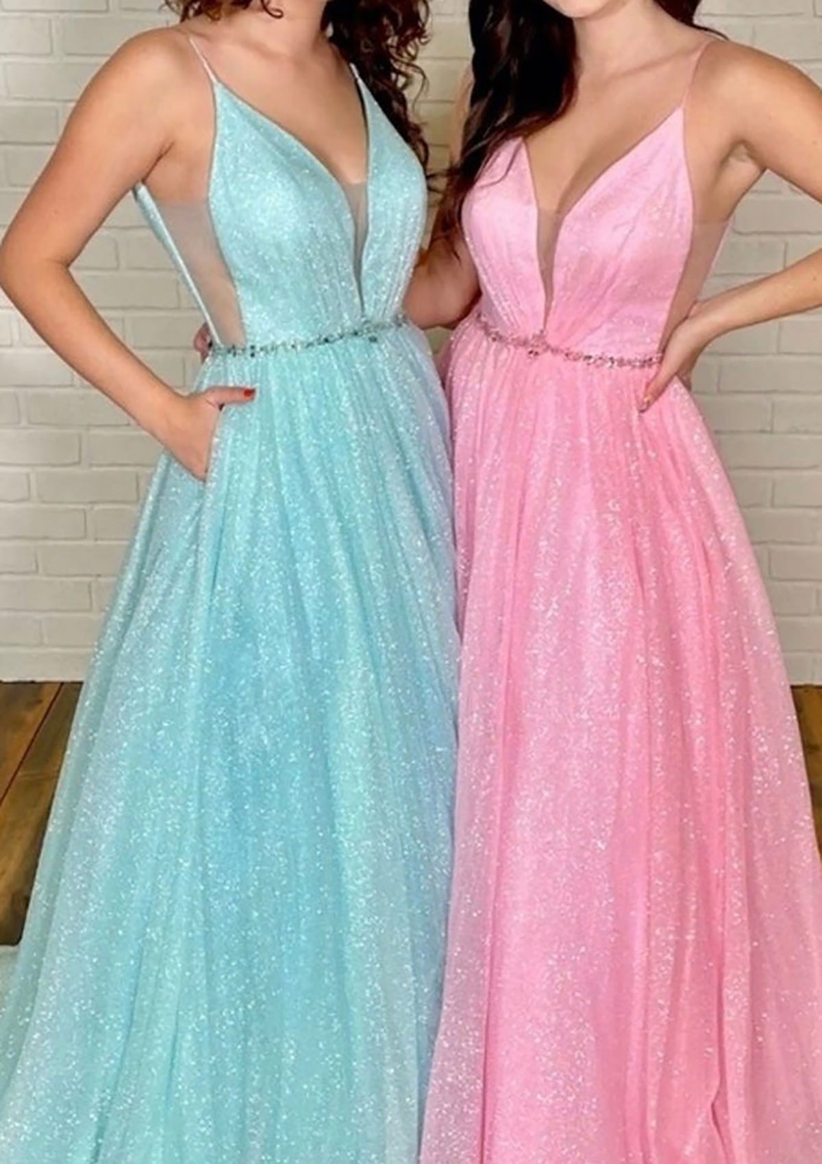 Glitter Prom Dress A-line Plunging Sleeveless Long Pink Tulle, Beading Pockets
