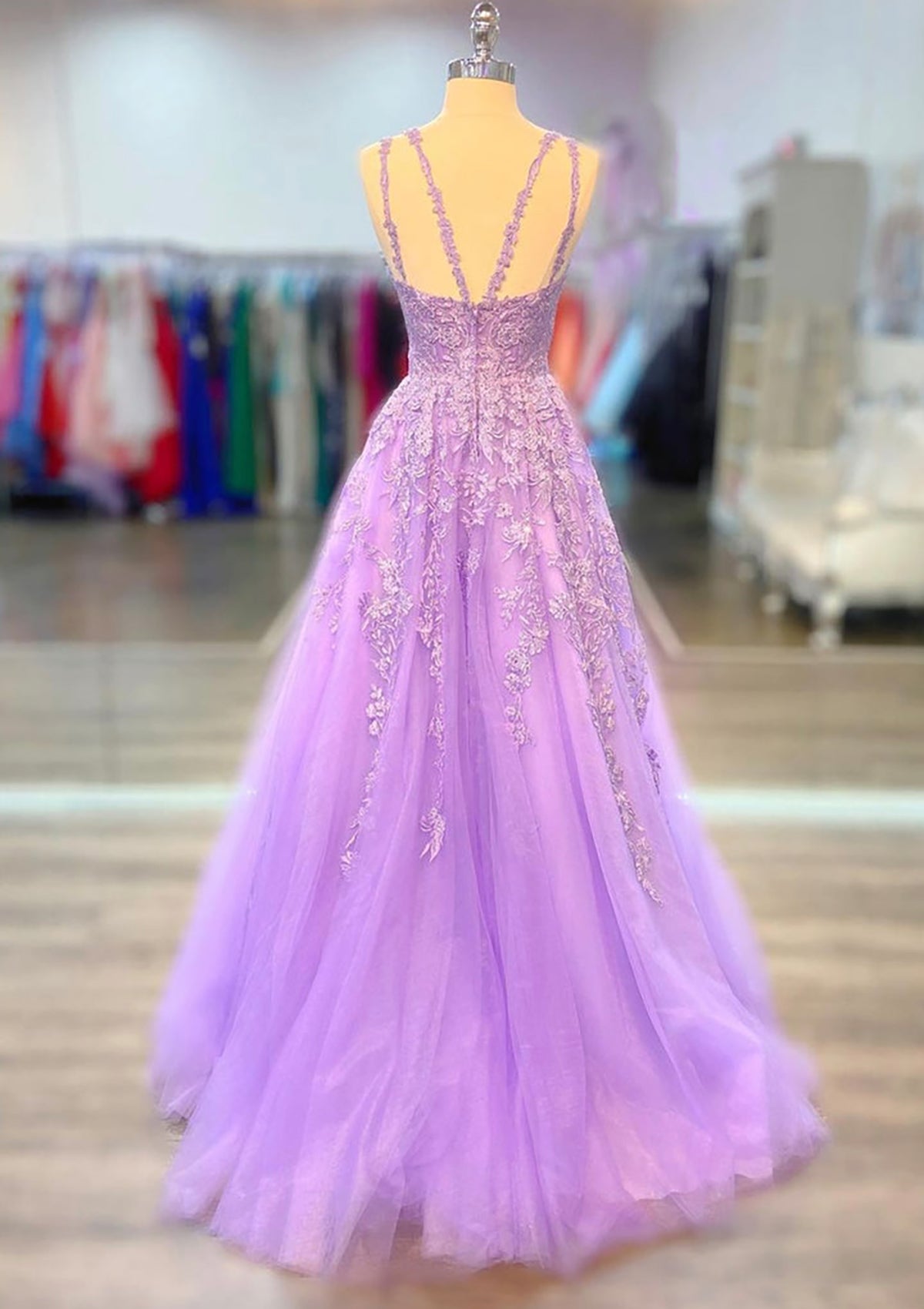 Princess A-line Prom Dress V Neck Spaghetti Straps Long Tulle, Lace Beading