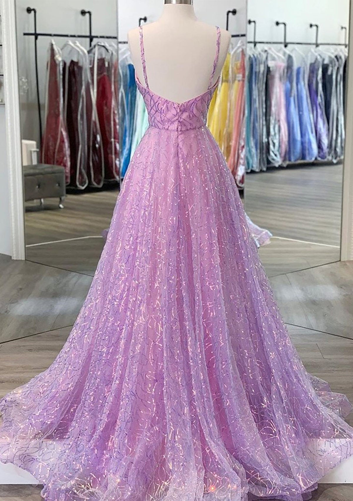 A-line Surplice Spaghetti Straps Backless Sequined Prom Dress, Pleated