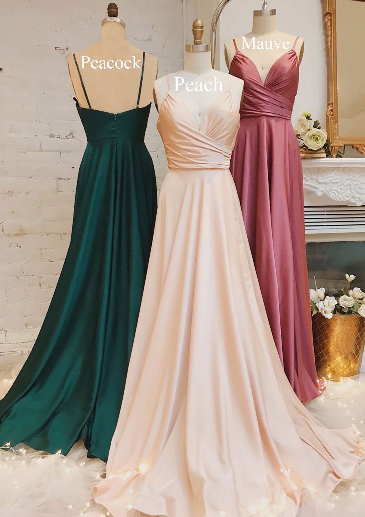 A-line Prom Dress V Neck Spaghetti Straps Open Back Sweep Train Satin, Pleated