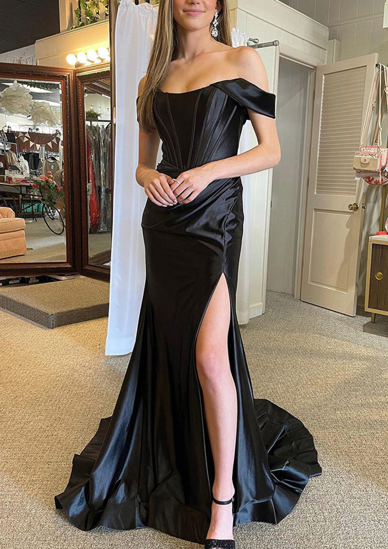Trumpet Prom Dress Off Shoulder Corset Black Satin Floor Length Court | Misdress Trumpet Prom Dress Off Shoulder Corset Black Satin Floor Length Court | Misdress