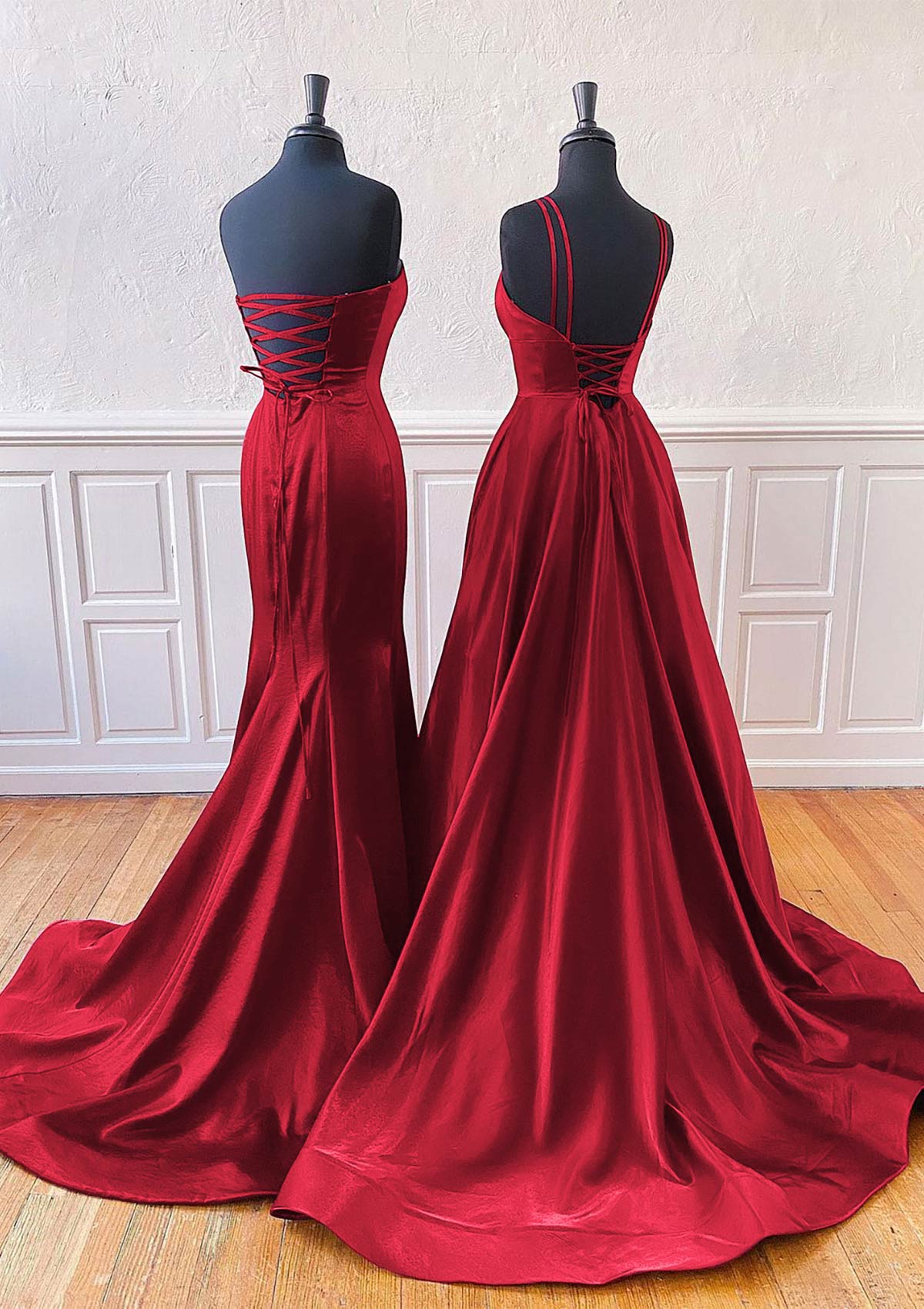 A-line Mermaid Prom Dress Sleeveless Sweep Train Burgundy Satin, Split