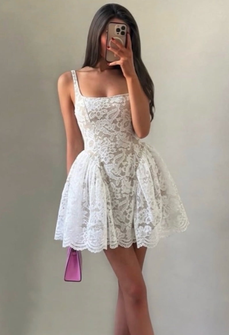 empire waist homecoming dress short A-Line Straps Square Neck White Lace Mini – Misdress homecoming dresses