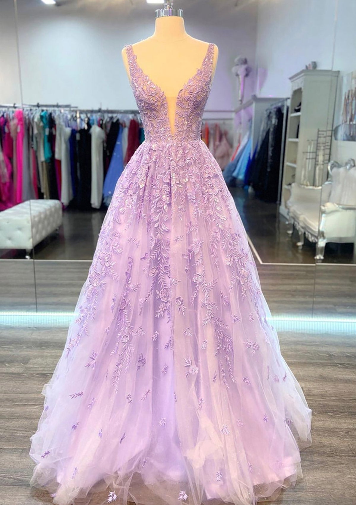 A-Line Lace Prom Gown Plunging Sleeveless Floor-Length Lilac Beading