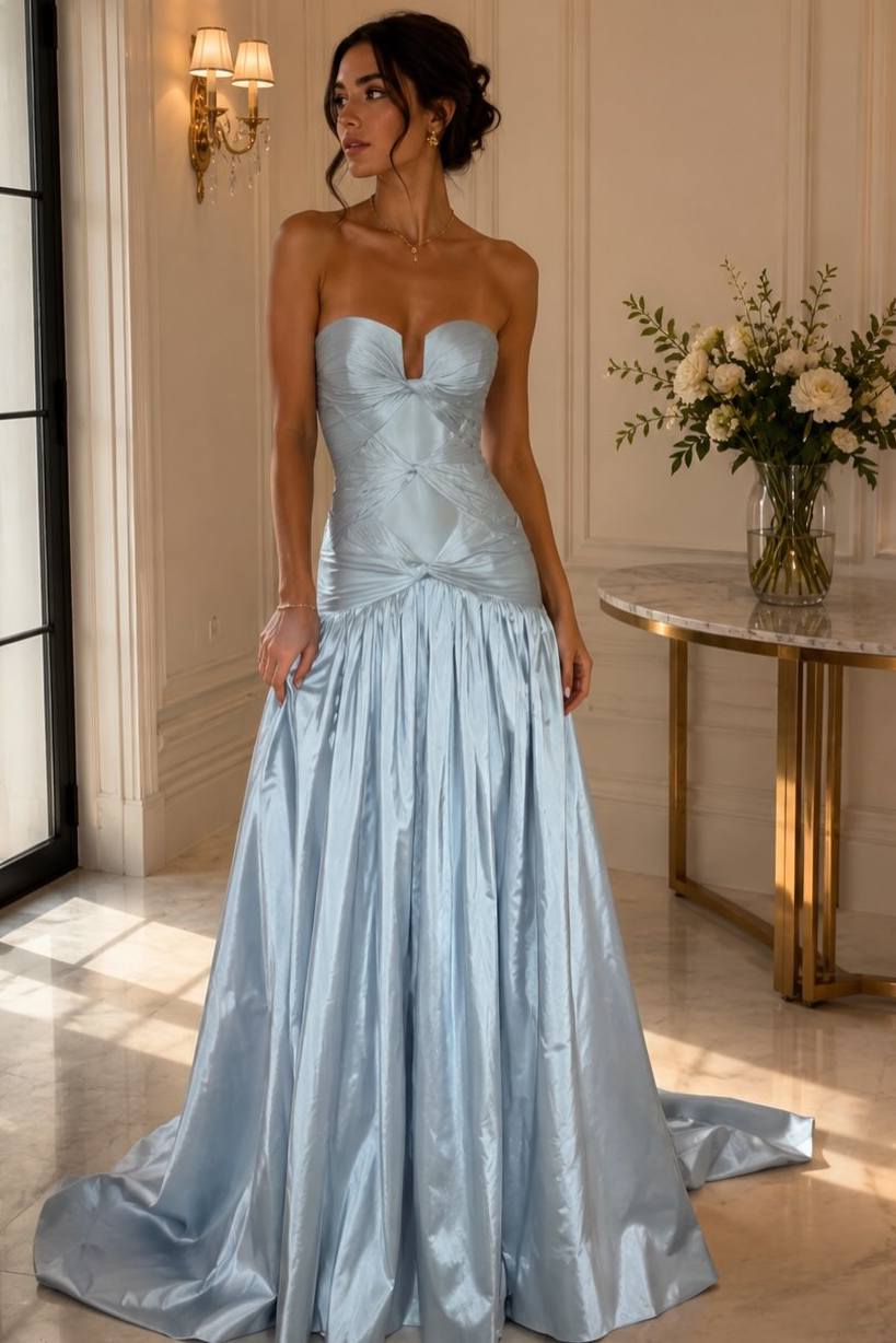 Blue A-Line Strapless Pleated Sleeveless Long Formal Prom Dress