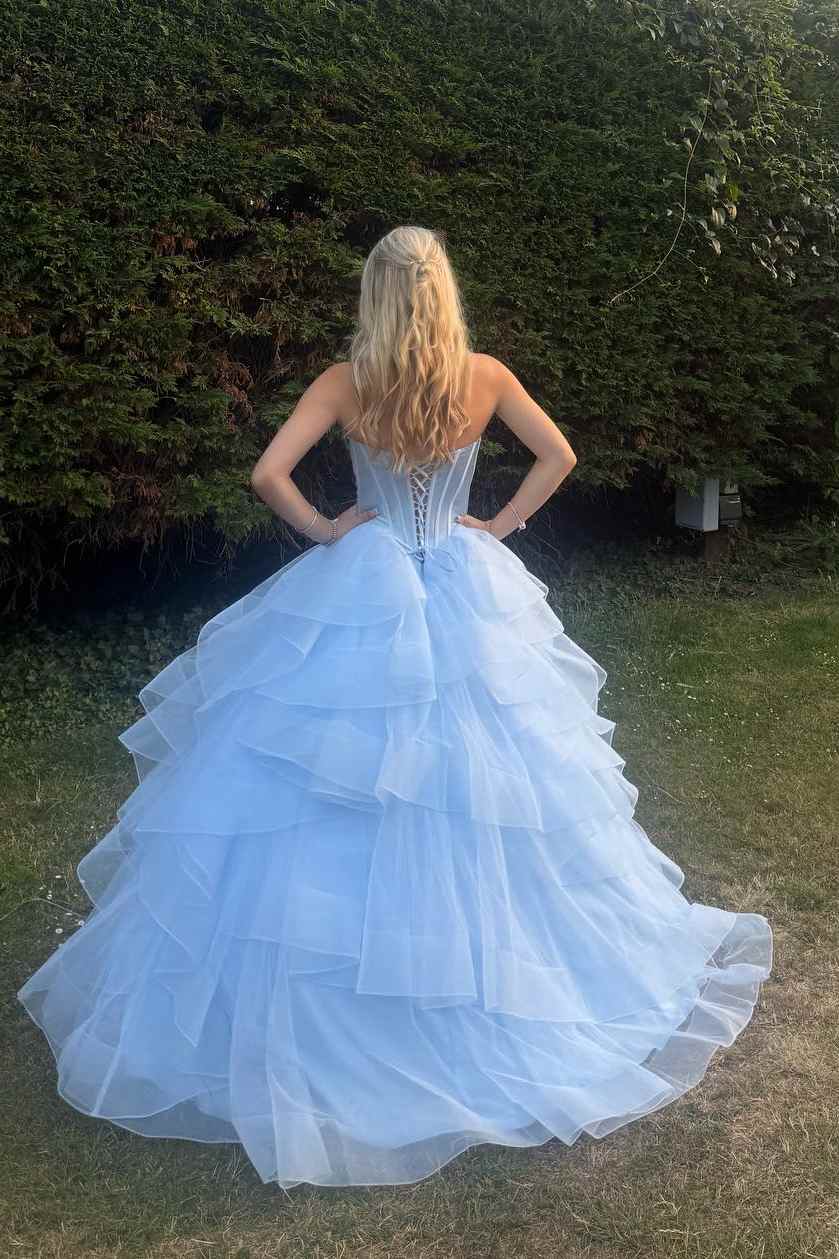 Blue A-Line Strapless Empire-Waist Ruffles Long Prom Dress