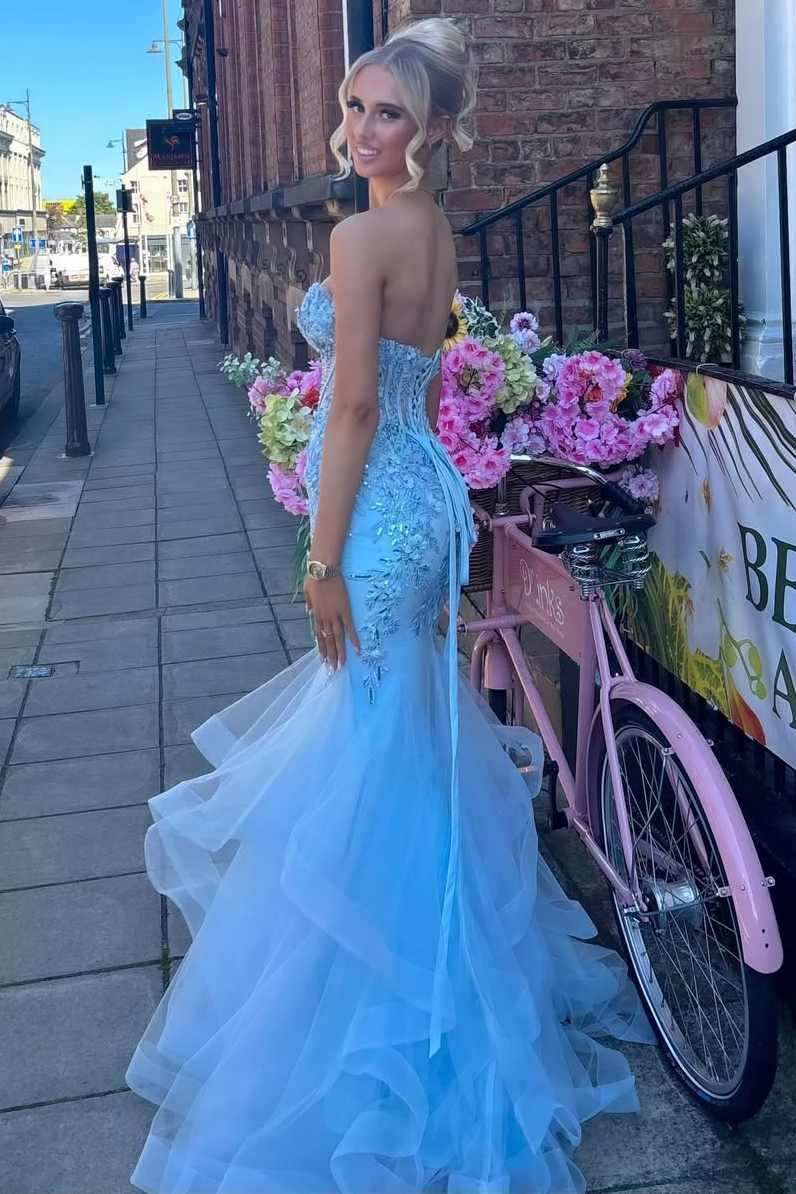 Strapless Sweetheart Ruffles Appliques Long Prom Dress Blue
