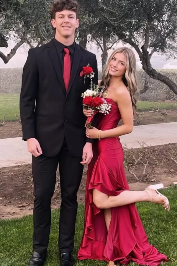 Mermaid Satin Strapless Ruffles Long Prom Dress with Slit