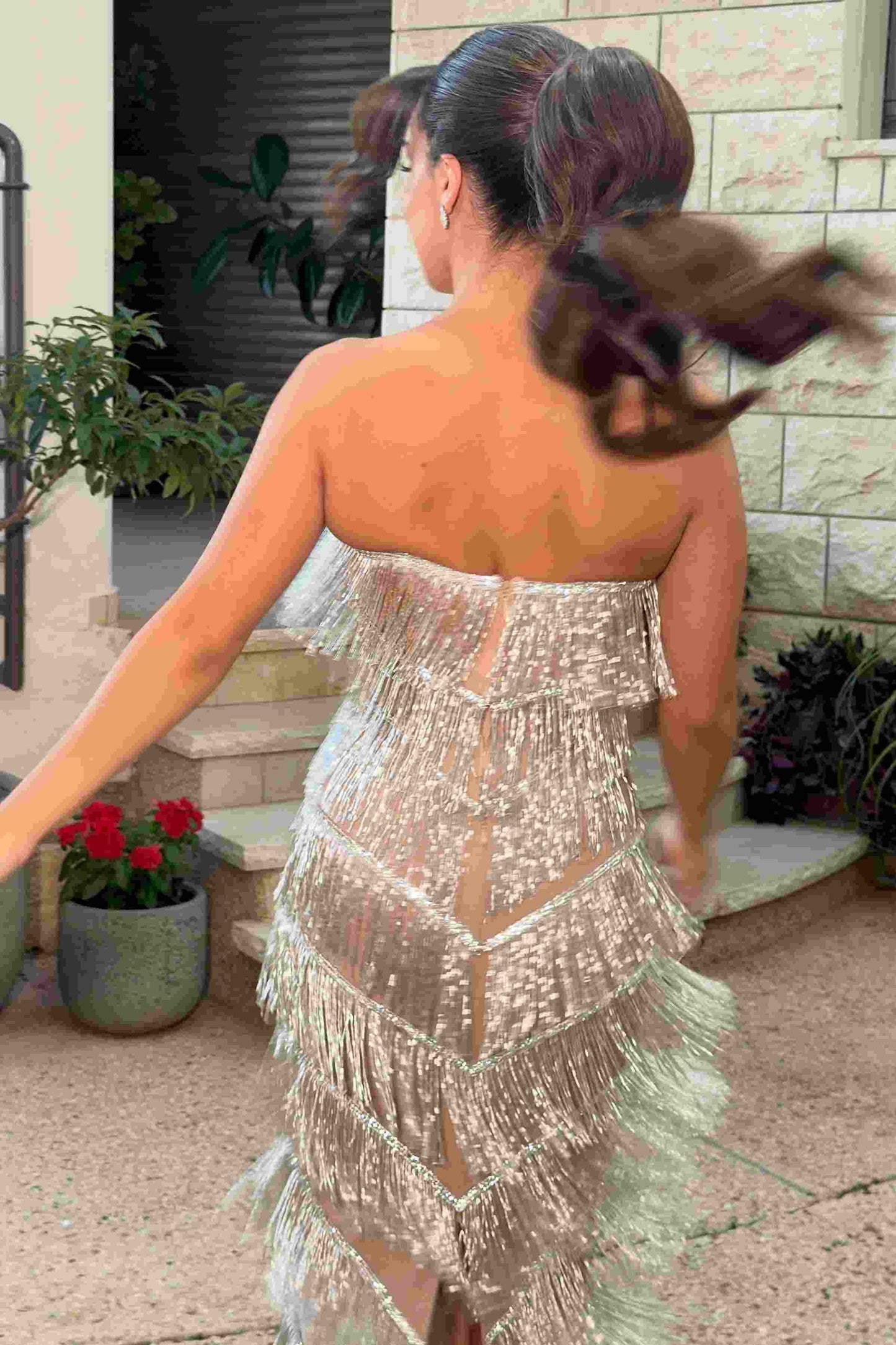 Women's Strapless Tassel Sleeveless Long Formal Prom Party Dress
