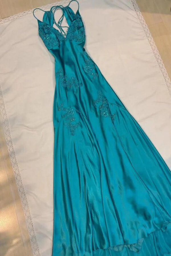 V-Neck Sleeveless Lace Appliques Satin Long Prom Dress
