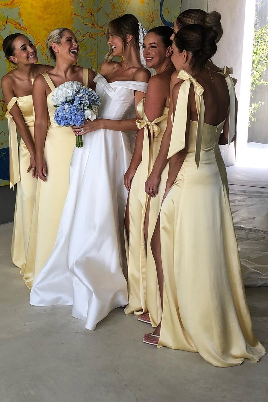 A-line Bridesmaid Dress Yellow Satin Square Neck Straps Backless Floor Length Slit