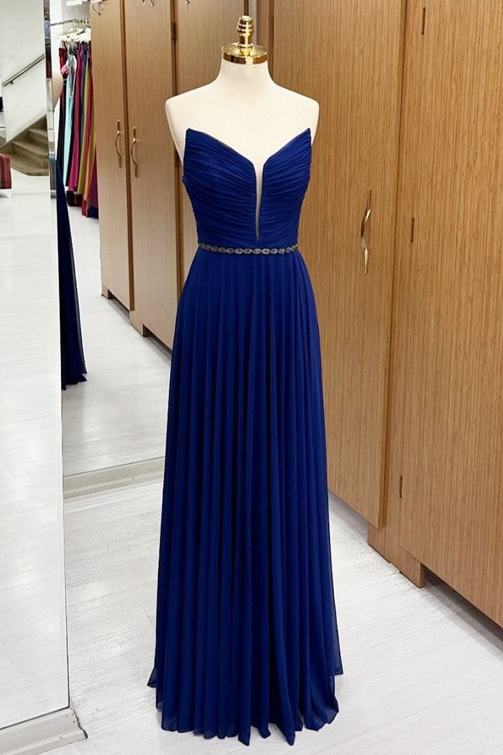Royal Blue Plunging Strapless Chiffon Wedding Guest Dress, Beaded Sash