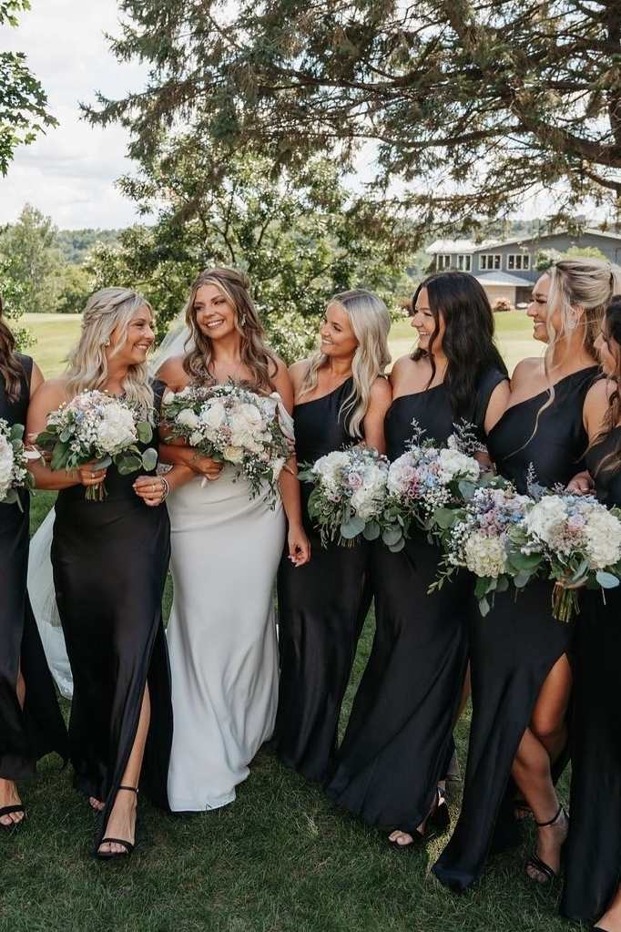One Shoulder Black Satin Floor Length Bridesmaid Dress, Slit
