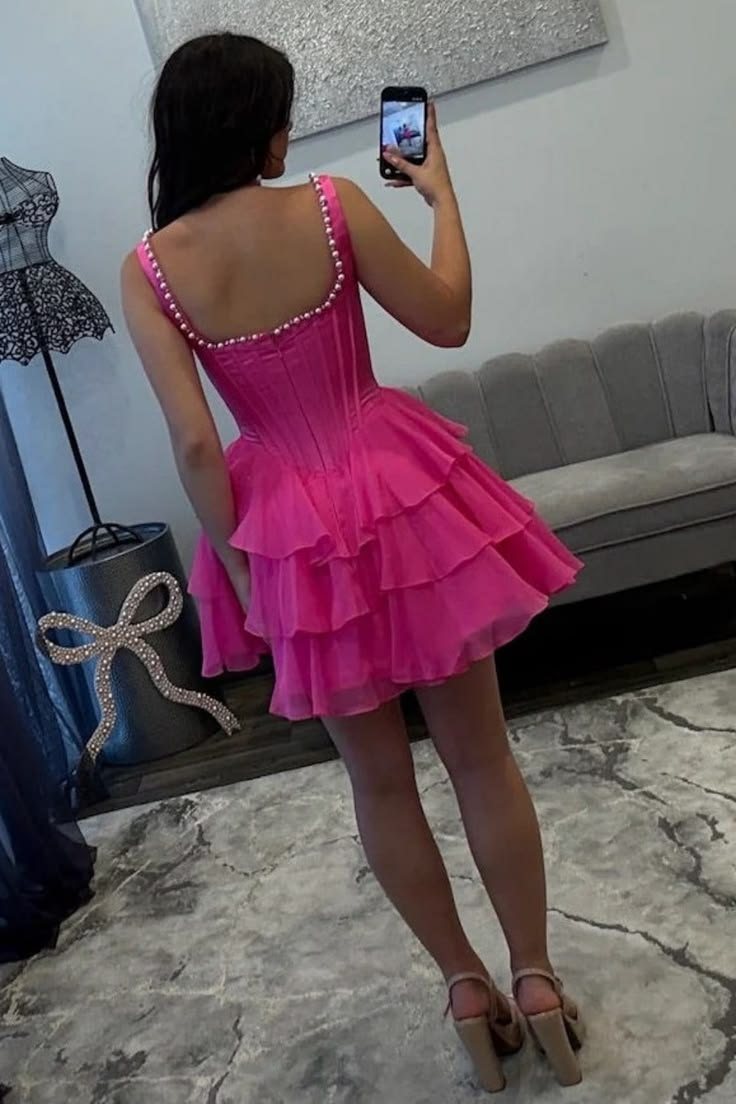 Square Neck Empire-Waist Ruffled Chiffon Short Homecoming Dress