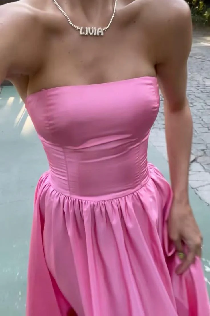 Strapless Scoop A-Line Satin Pleated Sleeveless Long Formal Dress