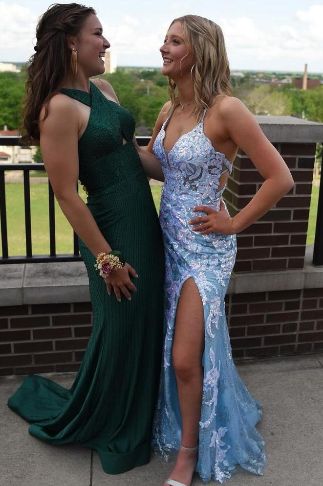 Sleeveless V-Neck Formal Prom Dress with Spaghetti Straps and Appliques