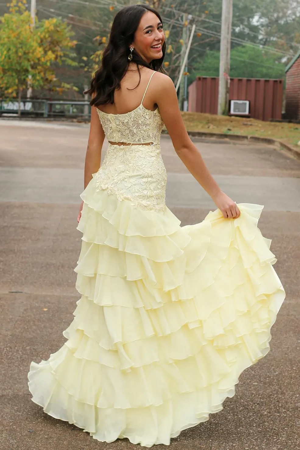 Spaghetti Straps Appliques A-Line Layered Chiffon Prom Dress with Slit