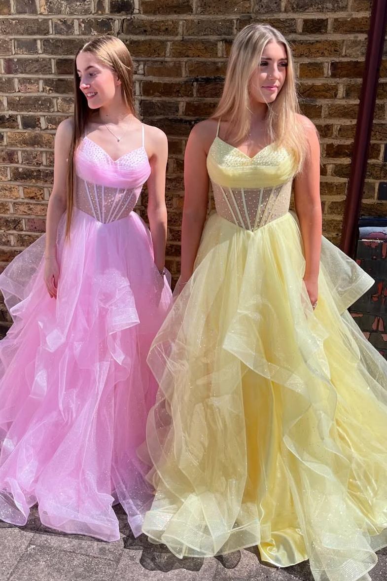 Spaghetti Strap A-Line V-Neck Ruffled Tulle Floor Length Dress