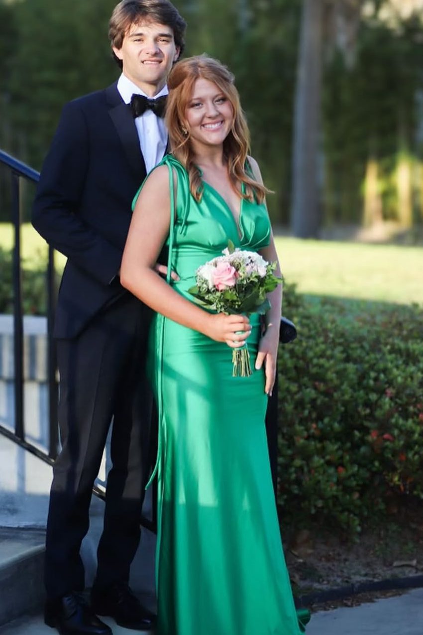 Deep V-Neck Sleeveless Pleated Satin Long Formal Prom Dress