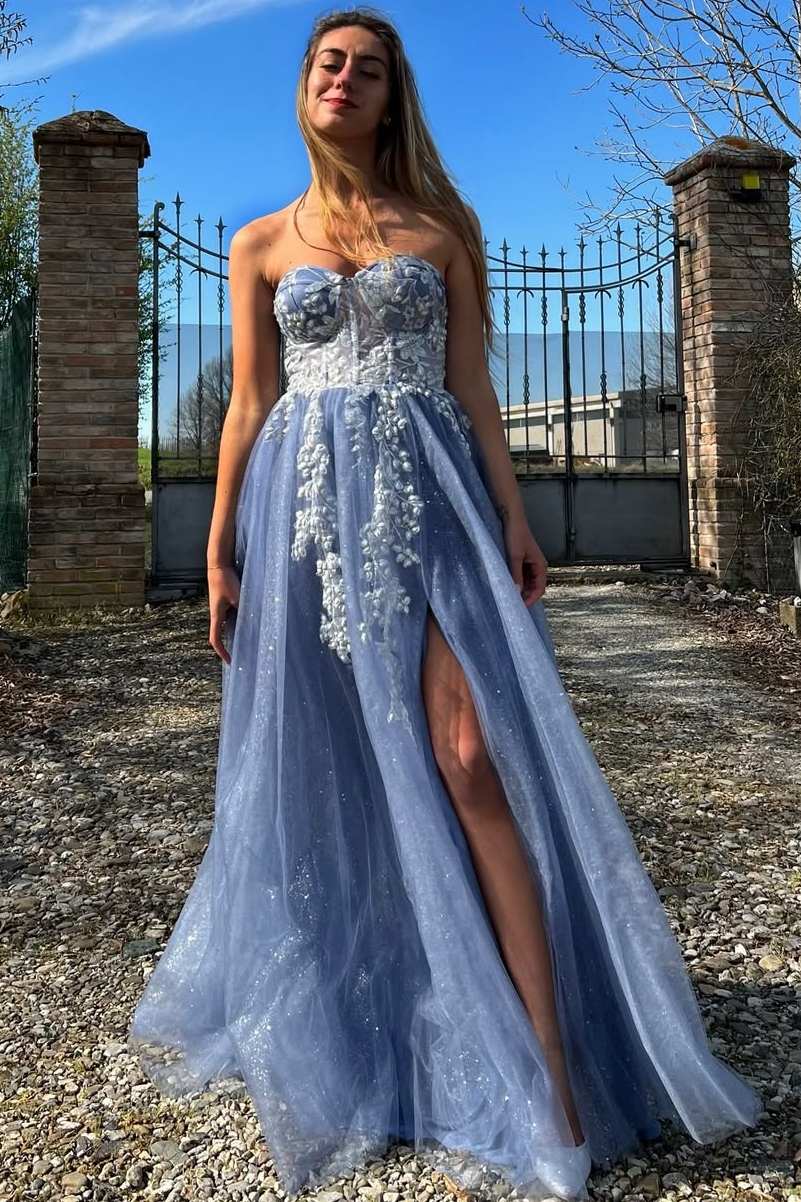 Sweetheart A-Line Strapless Blue Lace Appliques Prom Dress, Slit
