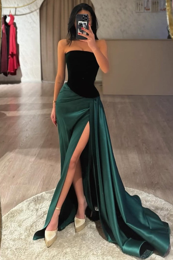 a line scoop prom dress Green Satin Strapless A-Line Neck Pleated Slit Formal light blue party dress Measure Method Closure size:4 Kelly Dress | Black