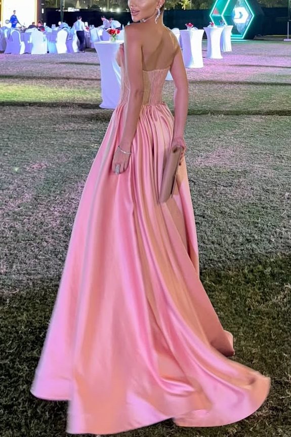 Pink Strapless Satin A-Line Empire-Waist Sleeveless Prom Dress