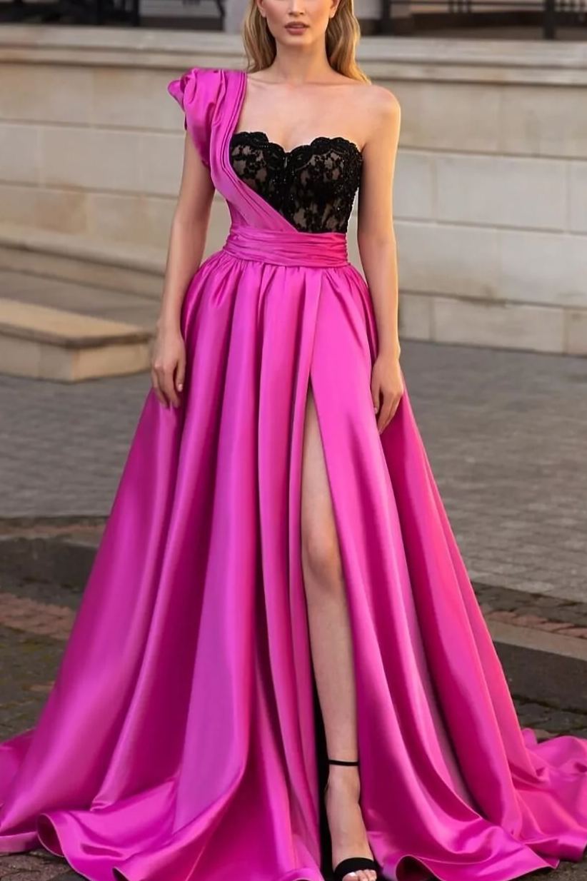one shoulder empire waist dress A-Line Empire-Waist Pleats Sweetheart Evening Prom – Misdress parentId:296670 Color:Onyx Blossoms Black satin tulle long Womens dresses