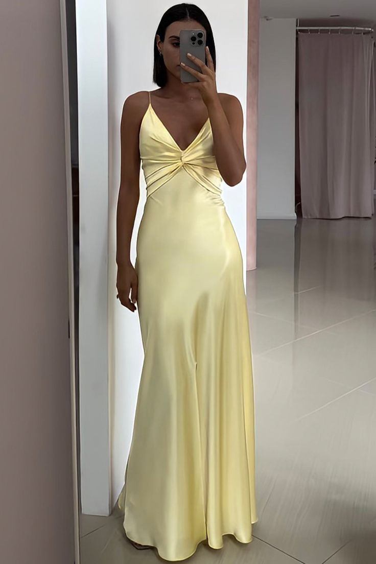 Satin V-Neck Sleeveless Long Evening Gown with Spaghetti Straps