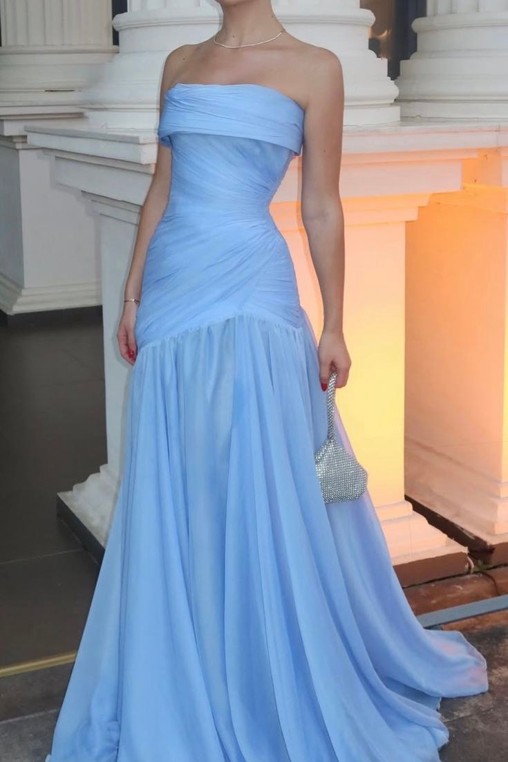 Strapless Sky Blue Satin A-Line Pleats Sleeveless Long Evening Prom Dress