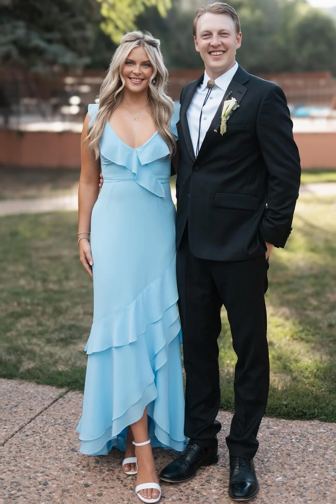 Blue Chiffon V-Neck Ruffled Sleeveless Long Formal Prom Dress