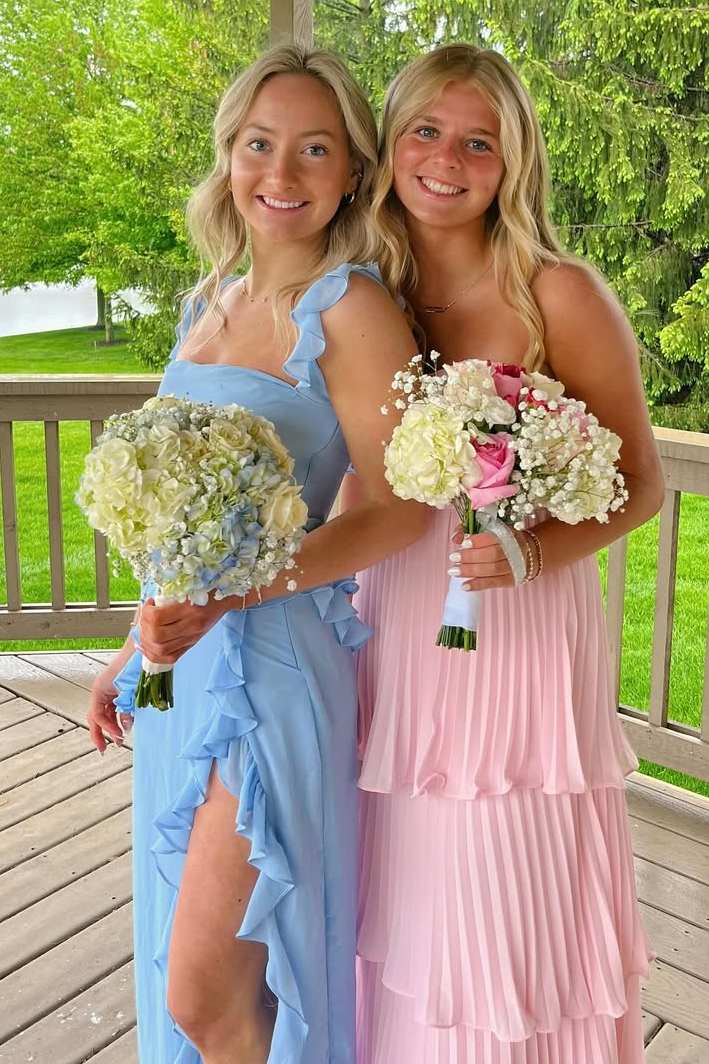 Blue Chiffon Double Straps Ruffles Sleeveless Long Prom Dress