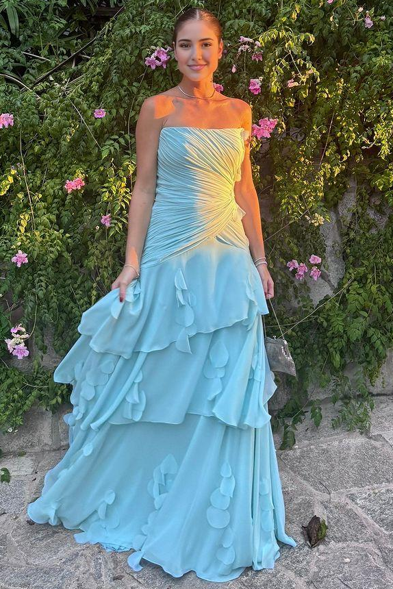 A-Line Strapless Blue Satin Chiffon Ruffles Pleats Prom Dress