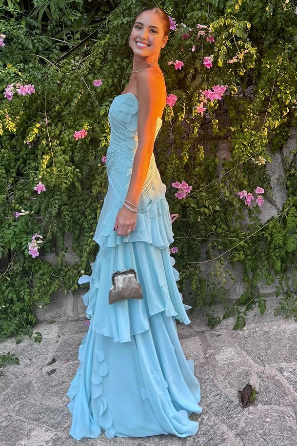 Blue A-Line Empire-Waist Strapless Ruffles Pleats Prom Dress