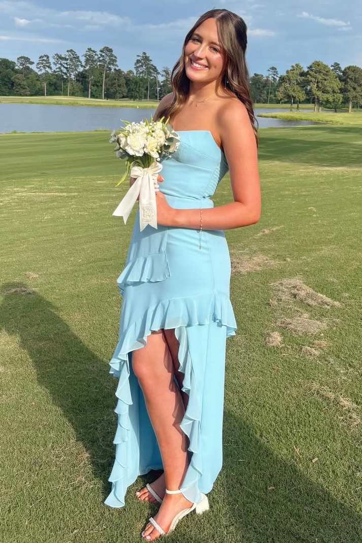 asymmetrical chiffon prom dress Blue Strapless Sleeveless Ruffles Satin Alexandranx Crisscross Tie Backless Material_Bamboo Make memories in a Size:Size 2