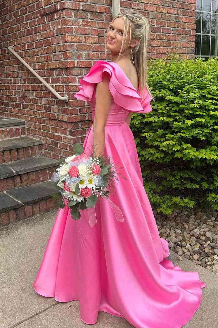 A-Line V-Neck Sleeveless Satin Ruched Long Prom Dress