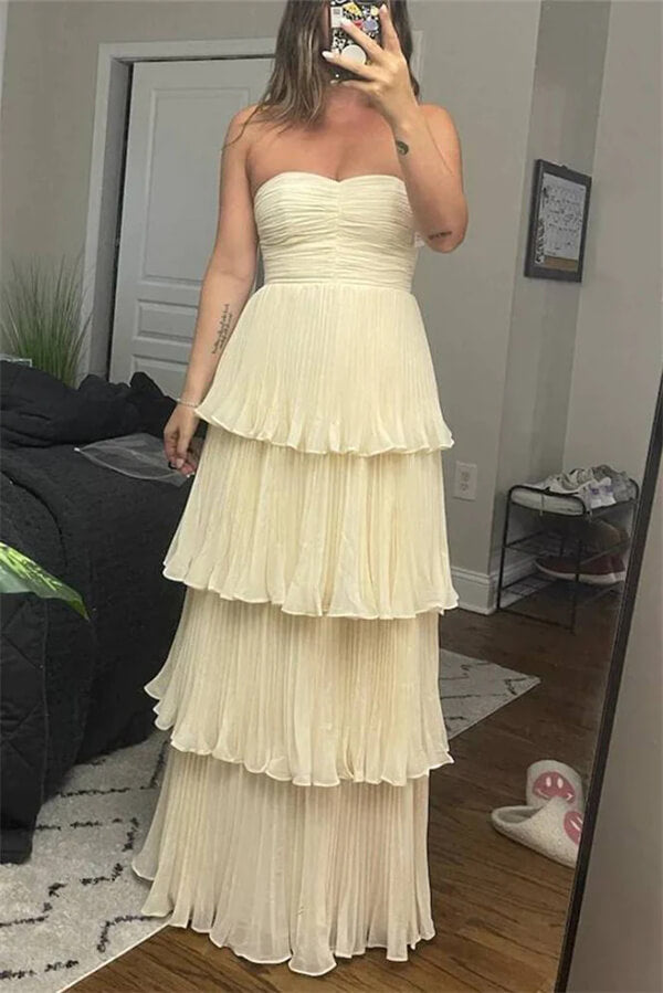 A-Line Strapless Sweetheart Ruffled Multi-Layer Long Prom Dress