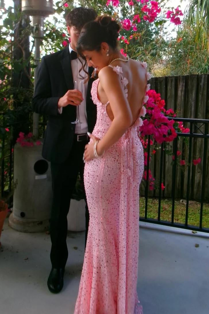 Sparkly Spaghetti Strap Sequined Backless Mermaid Long Prom Dress