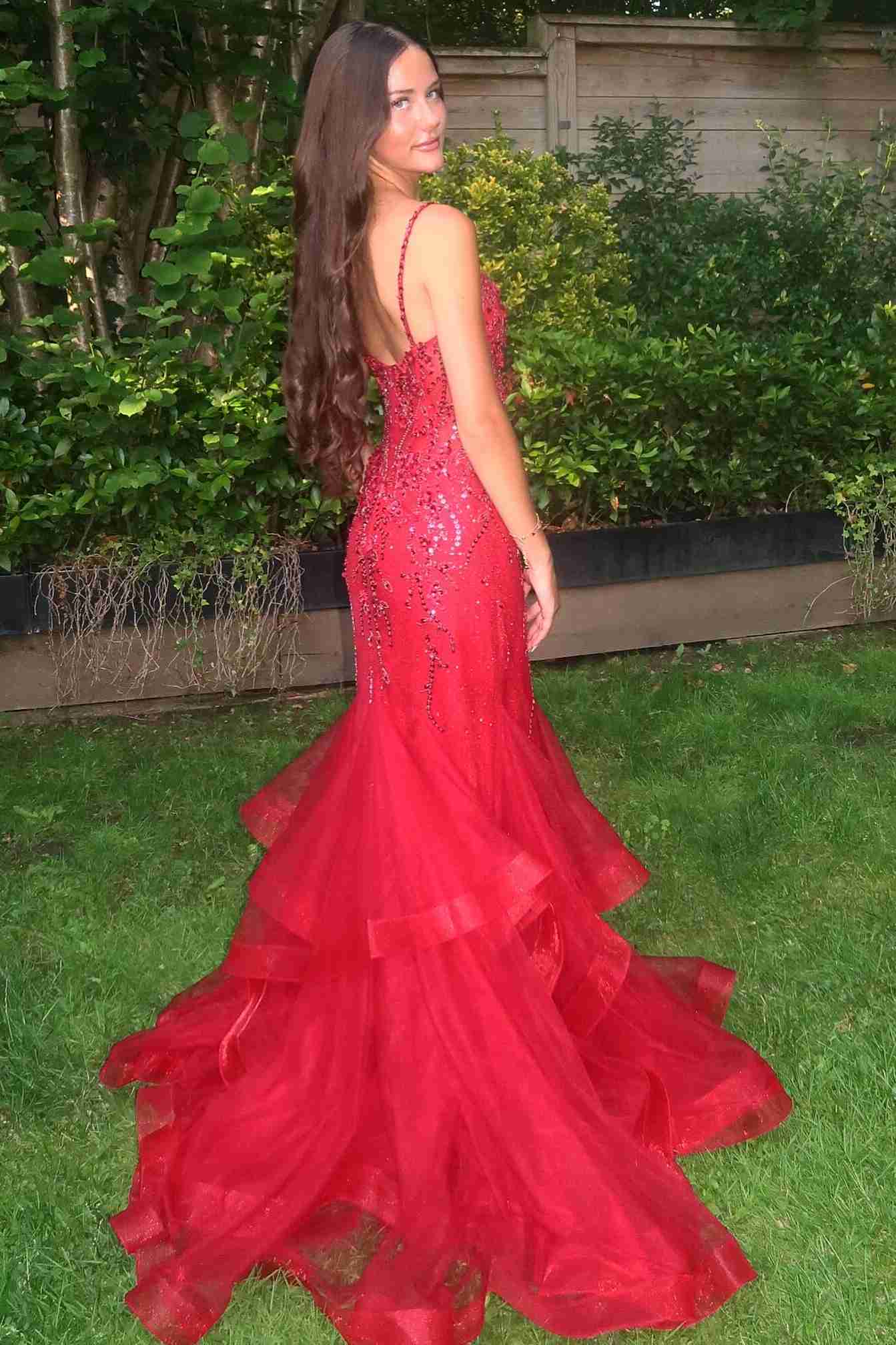 Spaghetti Straps V-Neck Appliques Ruffles Long Prom Dress