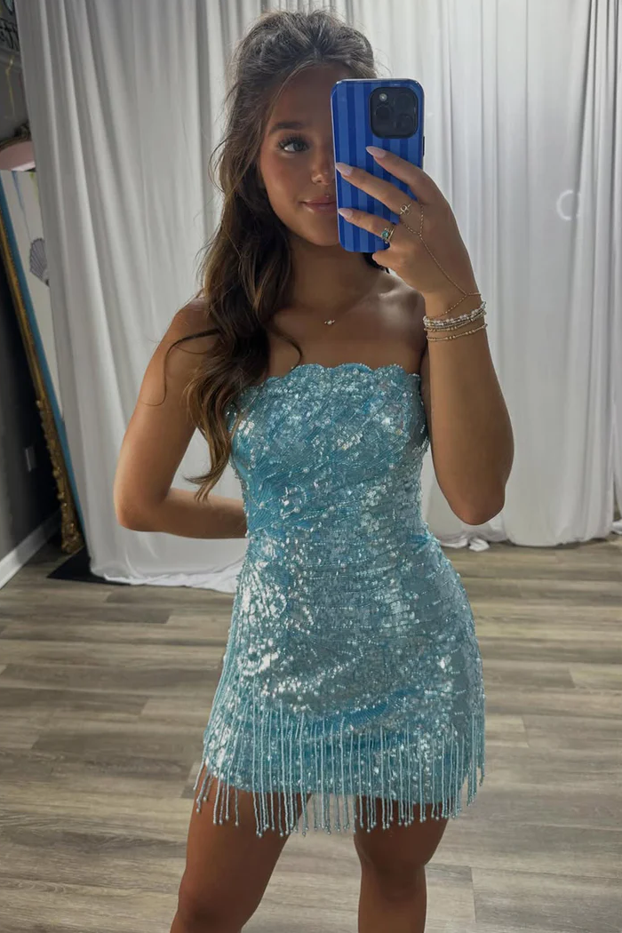 Blue Strapless Sequined Sleeveless Mini Homecoming Dress, Tassel