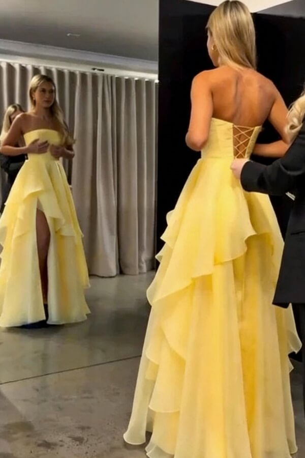 A-Line Strapless Ruffles Long Prom Dress with Slit