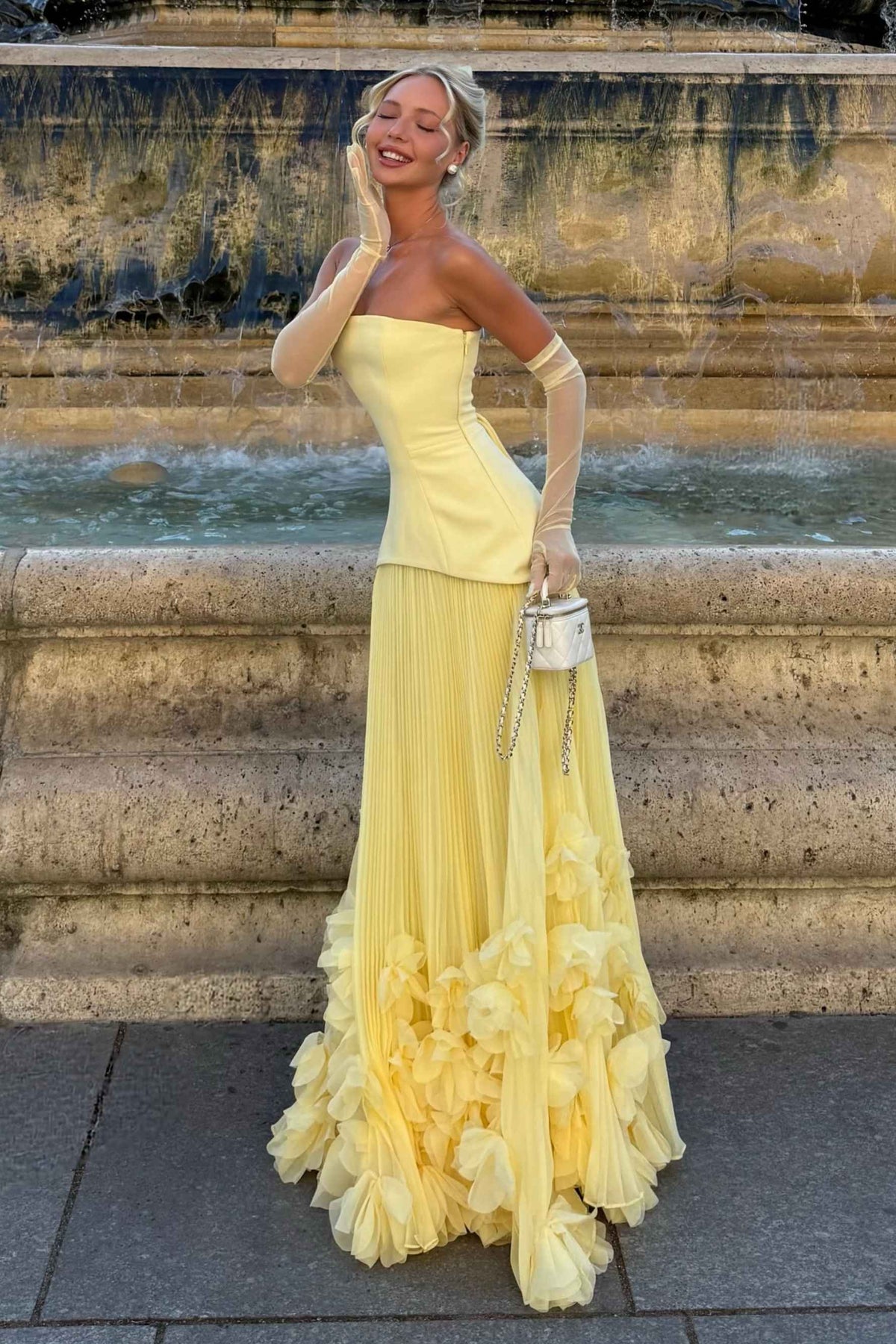 Yellow Scoop Neck Ruffles A-Line Sleeveless Long Prom Evening Dress