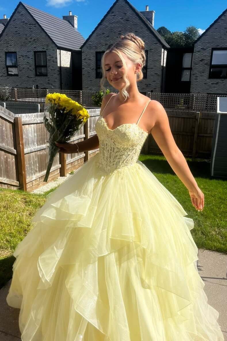 Ball Gown Yellow Spaghetti Straps Sweetheart Layered Ruffles Prom Dres